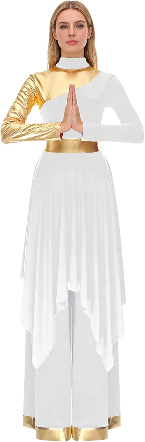 Vxuxlje Womens Liturgical Praise Dance Outfist Metallic Trim Long Sleeve Dress with Wide-Leg Pants White Medium