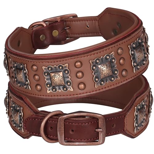 PET ARTIST Soft Padded Leather Dog Collar, 2 inch Wide Genuine Leather Dog Collars with Stylish Studded Rivet & Metal Buckle, Luxury & Adjustable Pet Collars for Medium Dogs,Brown,Neck 16-19"