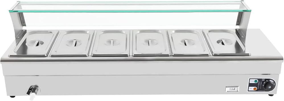 6 Pan Commercial Food Warmer, 1200W 6 x 3.1QT 6in Deep Stainless Steel Electric Food Steam Table with Glass Cover, Temperature Adjustable, Dry-Burn Protection for Restaurant/Buffet