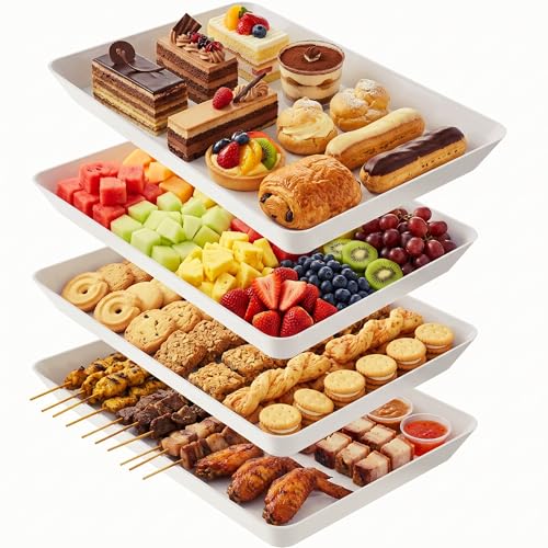 4-Pack Serving Tray, Serving Platter for Parties, Entertaining, Camping & Food Display, Reusable & Stackable Plastic Trays in Kitchen, Rectangular Food Platters for Cookie, Appetizer(White)