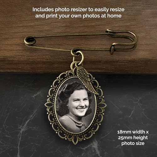 Image of Bronze Wedding Bouquet Photo Charm Pin Antique Gold Angel Wing Memorial Charm for Bride's Bouquet Add Your Own Picture
