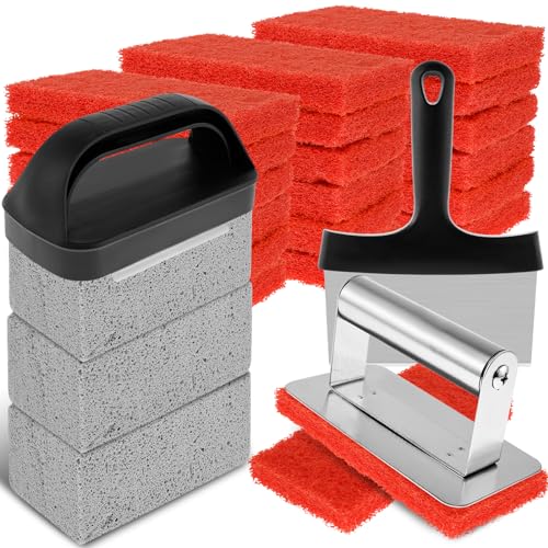 NZWBSHSSP 26Pcs Griddle Cleaning Kit Practical Flat Top Grill Cleaner Kit with Handle Scouring Pads Griddle Scraper and Pumice Stone Multifunctional Cleaning Kit Grill Cleaner Kit for BBQ Greasy