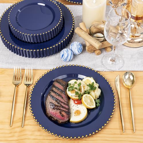 ejonirinjonir EI 60pcs Dark Blue Plastic Plates with Gold Rim Disposable,Blue Plastic Plates Disposable for Party,Heavy Duty Dinner/Dessert Fancy Elegant Plate for Wedding,Birthday,Afternoon Tea - Thumbnail 6
