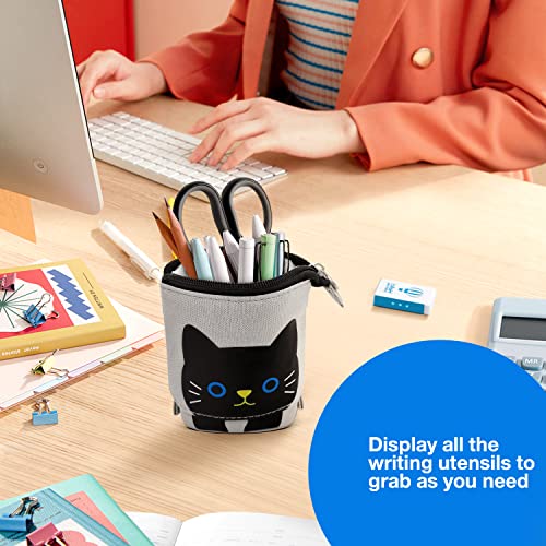 Image of Cat Cute Standing Pencil Case for Kids, Pop Up Pencil Box Makeup Pouch, Stand UP Cartoon Christmas Gift Kids Pen Holder Organizer Cosmetics Bag, Kawaii Stationary (Black Cat)