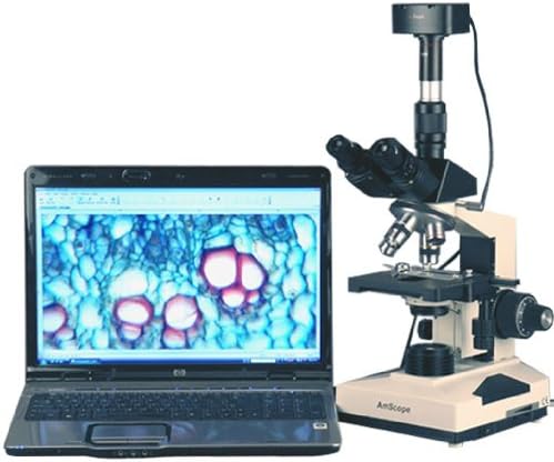 AmScope T490A-5MA Digital Compound Trinocular Microscope, WF10x and WF16x Eyepieces, 40X-1600X Magnification, Brightfield, Halogen Illumination, Abbe Condenser, Double-Layer Mechanical Stage, Sliding Head, High-Resolution Optics, Includes 5MP Camera with Reduction Lens and Software