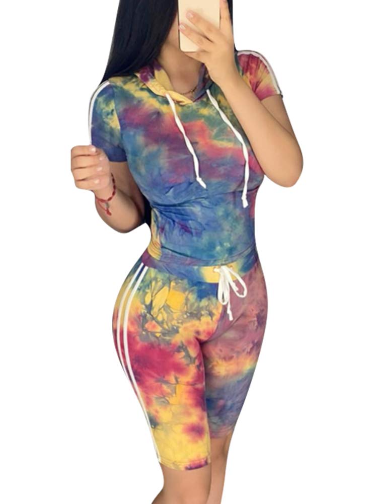 ChoichicTwo Piece Outfits for Women - Stripes Patchwork Zip Up Jacket Tops + Shorts Sets