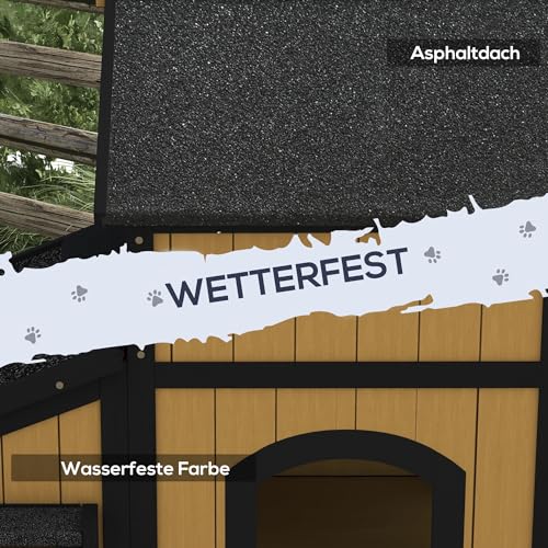 PawHut Katzenhaus, Tannenholz, Katzenhütte mit mehreren Eingängen, 2 Etagen, Katzenhöhle für draußen, Kleintierhaus mit Asphaltadach, Blumenkasten, winterfest, Erhöhtes Design, Gelb, 96 x 65 x 85,5 cm