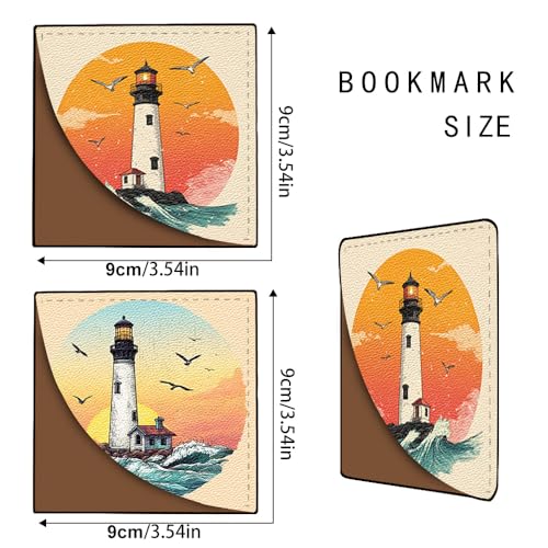 Image of 2Pcs Lighthouse Ocean Corner Bookmarks, Handmade PU Leather Page Corner Protectors, Vintage Sea Art Stationery Gift for Women, Teachers, Students, Summer Reading Accessories 3.54 x 3.54