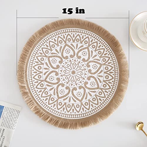 Richudf Set Of 6 Round Jute Burlap Table Woven Placemats With Fringe, Vintage Place Mats For Parties,Farmhouse,Bbq's, Christmas, Holidays Or Everyday Table Use-Size 15X15 Inches Occasion #TOP6