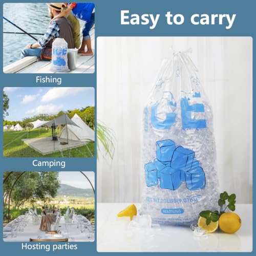 Image of 100 PACK 20 lb. Plastic Ice Bags with Cotton Draw String 14 x 28 Inch Heavy-Duty Plastic Ice Storage Bags with Draw String (2.8mil Thickness, Ice Cube pattern)