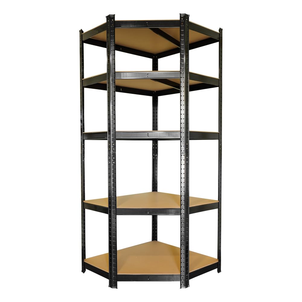 Étagère d'angle noire charges lourdes - en métal 5 plateaux - 875 Kg - 180x75x40cm - Étagère de coin - Garage atelier cave