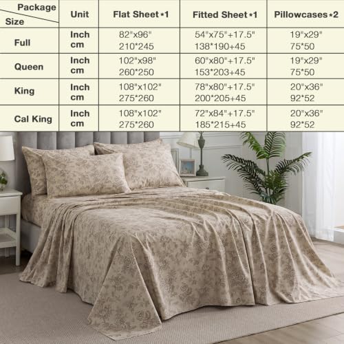 Image of Vintage Beige Floral Percale Bed Sheets Full Size Deep Pocket 4Pcs | 100% Cotton Shabby Chic Toile Sheet Set, Neutral Pattern Farmhouse Sheets, Luxury Designer Bedding, Brown Flower, Soft Crisp