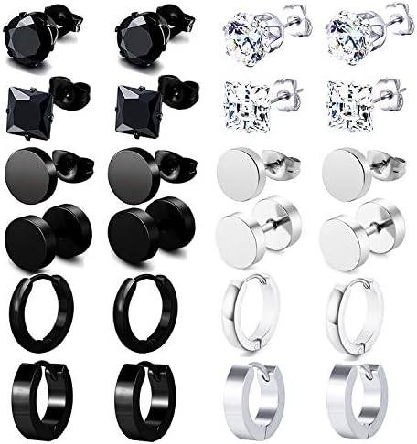 K&Q 12 Pairs Stainless Steel CZ Stud Earrings Hoop Earrings Set Huggie Hoop Ear Piercing for Woman/ Men/ Teen Girls and Boys Gift