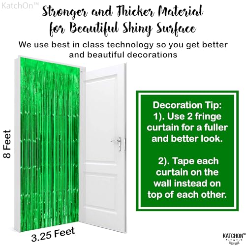 Image of KatchOn, Green Streamers Foil Fringe Curtains - 3.2x8 Ft, Pack of 2 | Green Backdrop for Dinosaur Birthday Decorations | Tinsel Backdrop for Safari Birthday Decoration, Jungle Party Decorations