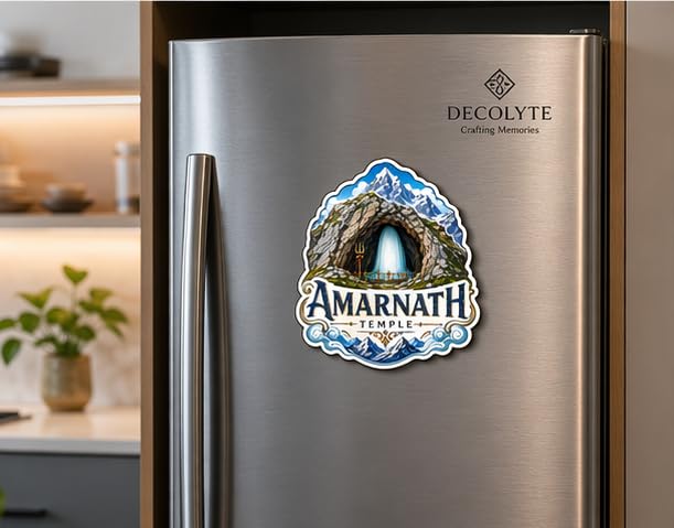 Image of Amarnath Theme Wooden Fridge Magnet Souvenir | 3x3 in Kitchen Home Decor Gift