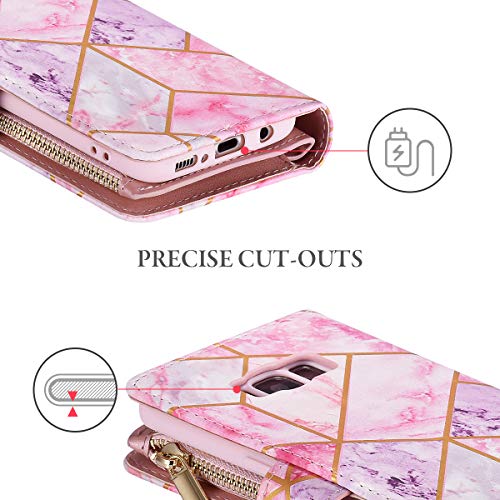 Ueebai Wallet Case For Samsung Galaxy S8 Plus, Premium Pu Leather Magnetic Closure Handbag Zipper Pocket Case Kickstand Card Slots With Hand Strap Shockproof Flip Case - Pink&Purple #TOP6