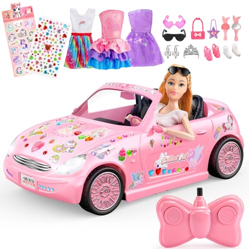 HappyGoLucky Carro telescópico para meninas de 3 4 5 6 7 8 anos, brinquedo RC com bonecas e 3 fatos, 12 acessórios autocolantes de unicórnio e coração para bricolage, presente ideal para meninas 3-12