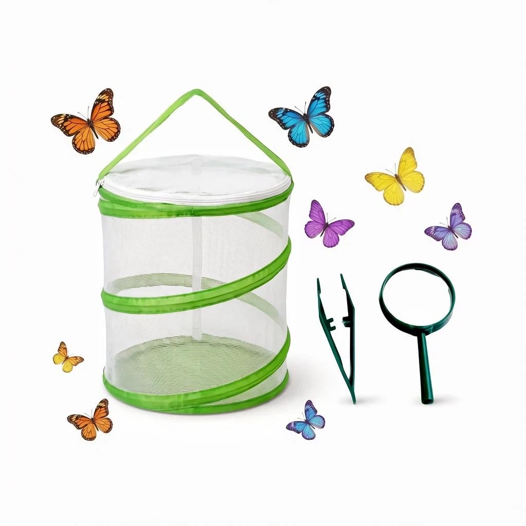 Satiskid 3Pcs Butterfly Kits Insect Starter Kit, Green Bug Catcher with Collapsible Butterfly Net, Magnifier and Tweezers, Outdoor Observation Habitat for Kids Nature Exploration