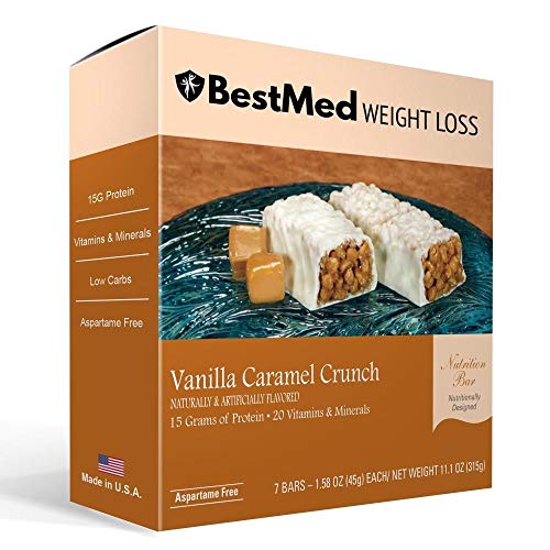 BestMed - High Protein Nutrition Bar - Low-Carb, 15g Protein, Low Sugar, High Fiber, Low Calorie, Meal Replacement Bar (Vanilla Caramel, 1 Box - 7 Count)