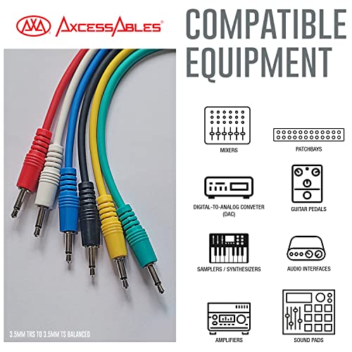 Image of AxcessAbles 3.5mm TS Patch Cables | 1 /8 Inch TS Aux Cable Pack (1ft, 6 Pack) | Eurorack Synthesizer Audio Cables | Multicolor Unbalanced Patch Cables