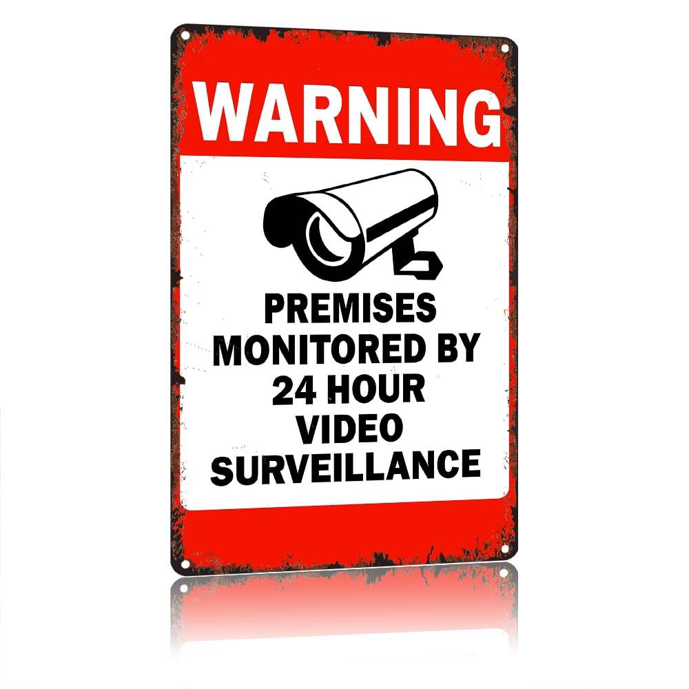 WARNING 24 Hour Video Surveillance Sign, Vintage 12x8 Inch Aluminum Metal Tin Sign, Premises Monitored By 24 Hour Video Surveillance Warning Sign for Outdoor Indoor Fence Gate Yard Wall Garage Decor