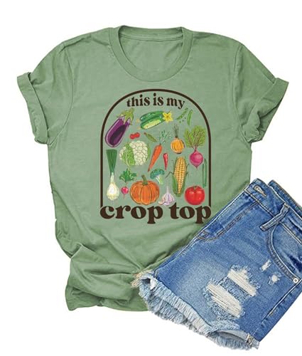 HONTOUTE This is My Crop Top Veggie Graphic T-Shirt for Womens Gardeners Lover Short Sleeve Summer Farmers Tees Tops Green XL