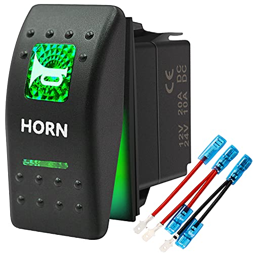 Momentary Horn Button Waterproof Rocker Switch Toggle - ON/Off Green LED Light - 12V 20Amp 24V 10Amp, 5 Pin for Automotive Car Vehicles Marine Boat Truck Trailer 4x4 Caravan RV ATV UTV & More