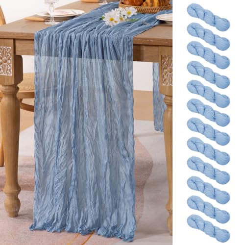 Image of MLMC 12 Pack Dusty Blue Table Runner 10ft Boho Gauze Cheesecloth Table Runner 35x120 Inches Rustic Cheese Cloth Centerpiece for Wedding Bridal Shower Baby Shower Party Decor