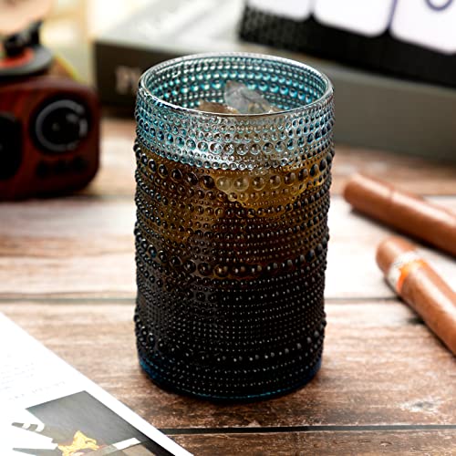 Hobnail Drinking Glasses 13 Oz Cocktail Glasses Vintage Glassware Old Fashioned Drinking Glasses Embossed Glassware Cups For Beverage, Water, Wine, Beer, Juice, Mixed Drinkware (Blue, 12 Set) #TOP5