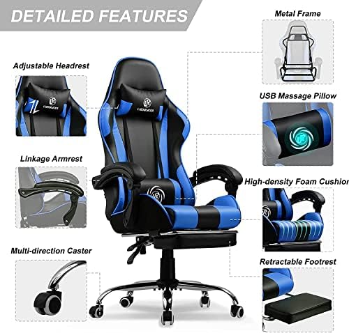 LUCKRACER Gaming Chair Massage With Footrest Ergonomic Office Chair With Massage Lumbar Pillow Reclining High Back Support Height Adjustable Heavy Duty Computer Chair BLUE