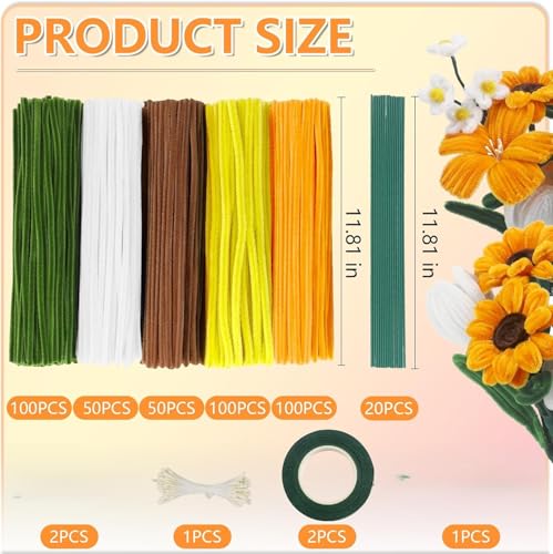 Image of BOLT BEE Pipe Cleaners Craft Set, 500 Pieces, 5 Colors, Chenille Stems with Floral Wires, Gardening Tape, Stamen for DIY Flower Making (Sunflower)