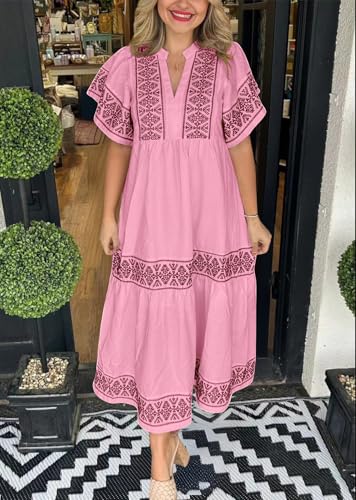Image of chouyatou Women's Summer Printed Floral Dress Casual Notch Neck Cotton Midi Long Mexican Tunic Dress