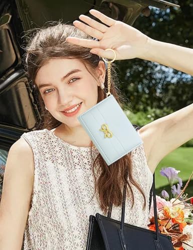 Image of BIAOTIE Coquette Bow Wallet for Women, Small Slim Trifold Womens Wallet with Key chain Cute Aesthetic Card Holder ID Window for Girl (Trifold, Blue)