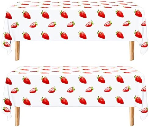 Tegeme Strawberry Tablecloth Strawberry Birthday Party Decorations Strawberry Tablecovers Plastic Strawberry Tablecloth for Girls Party Berry First Birthday Baby Shower Decor, 51 x 87 Inch (2 Pieces)