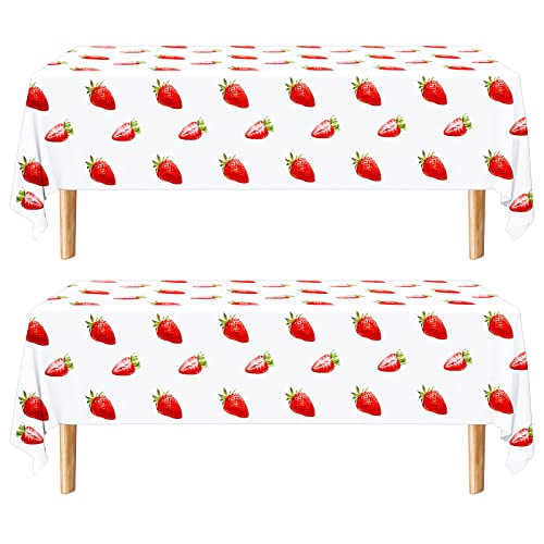 Tegeme Strawberry Tablecloth Strawberry Birthday Party Decorations Strawberry Tablecovers Plastic Strawberry Tablecloth For Girls Party Berry First Birthday Baby Shower Decor, 51 X 87 Inch (2 Pieces) #TOP4