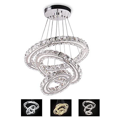 3-Color in ONE Crystal Chandelier, CXGLEAMING Modern Luxury LED Pendant Light, DIY Adjustable Stainless Steel 3 Rings Ceiling Light Fixture for Bedroom, Living Room, Kitchen, Dining Room, Large Closet