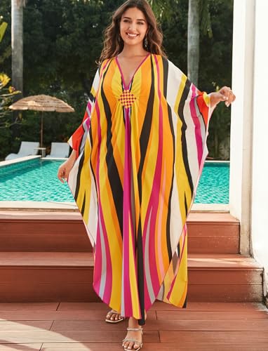 Image of KECVOT Kaftan Dresses for Women Plus Size Batwing Sleeve Caftans Long Bathing Suit Cover Up Maxi Beach Dress Loungewear