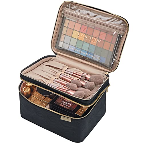 Nishel Double Layer Travel Makeup Bag With Strap, Large Cosmetic Case Organizer Fits Bottles Vertically, Top Layer For Brushes, Tweezers, Eyeliner, Black #TOP1