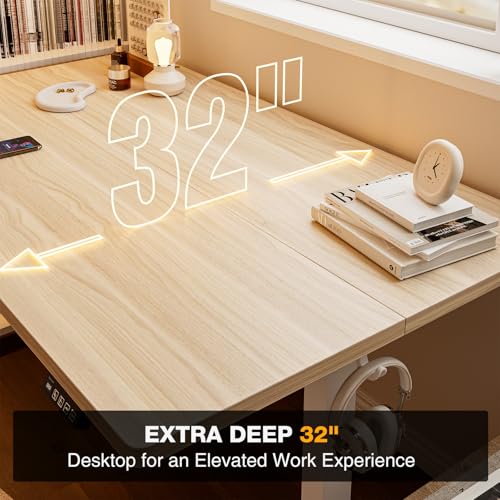 Image of Grandder 63x32 Large Electric Standing Desk, Height Adjustable Computer Desk with 2 Memory Presets, 31.5 inch Deep Desktop Sit Stand Desk Home Office Desk Workstation Table with Hooks, Light Walnut
