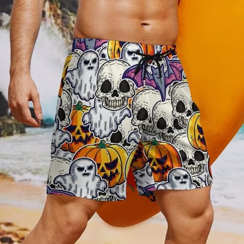 Mens Swim Trunks with Compression Liner, Halloween Scary and Horror Printed Board Shorts4