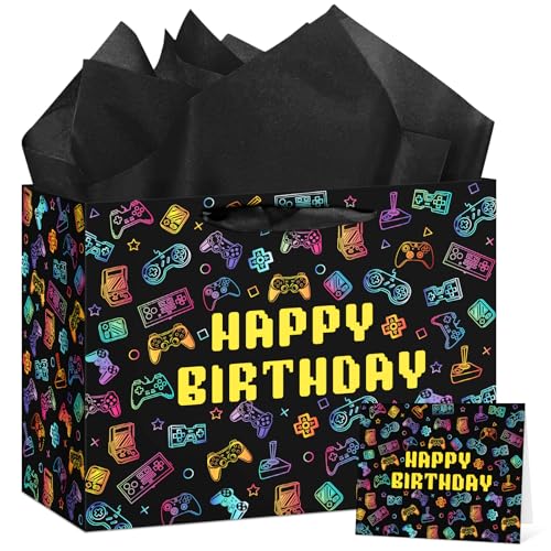 Hooqict Large Video Game Gift Bag Happy Birthday Gift Wrapping Bag with Handles, Tissue Paper and Greeting Cards for Kids Boys Men Video Game Birthday Party Decorations Supplies