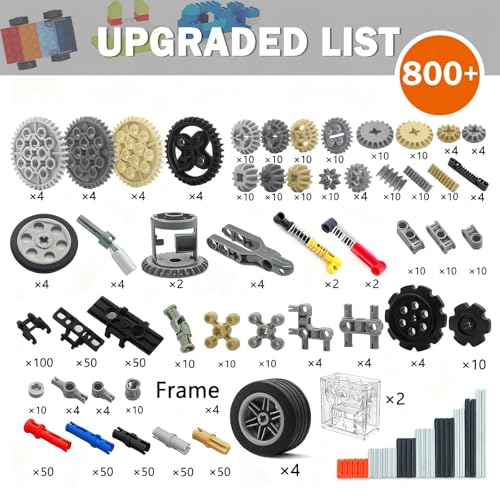 Image of MALEKO Gears Axles Wheels Motor Kit,800+PCS Building Block Technical Parts | Bulk Technical Pieces, Various Gears Pins Tires, Compatible with Major Brands, Fit for MOC Robots Vehicles, Smooth ABS