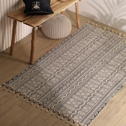 Image of Peepul Tree Jaipuri Handprinted Cotton Rugs 4X6 ft | Modern Durries for Living Room | Cotton Carpets /Floor Rug for Bedroom| (Black and White, Home Decor Gift Items