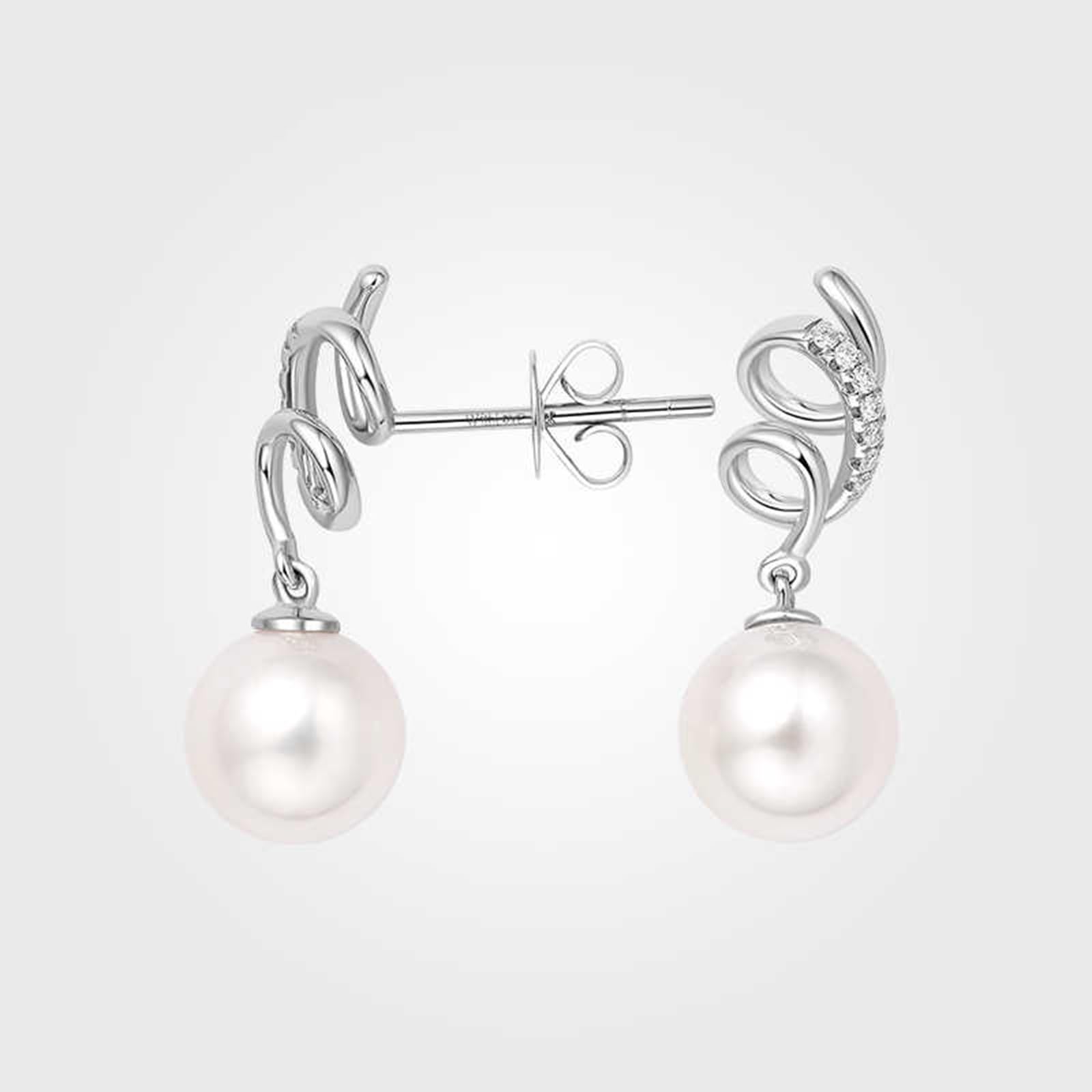 Orecchini Pendenti, Oro Bianco Orecchini di diamanti con perla pendente 7,5-8 mm
