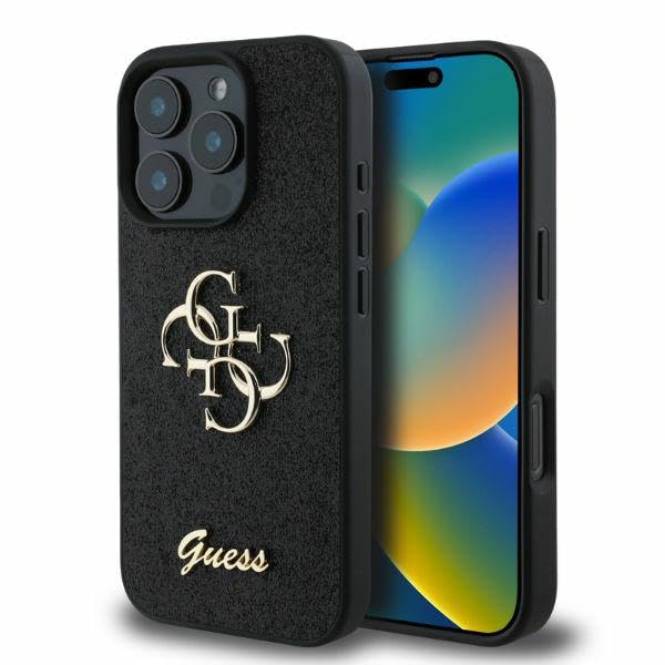 Coque iPhone 16 Pro Guess Big 4G haut de gamme rigide noire pailletée
