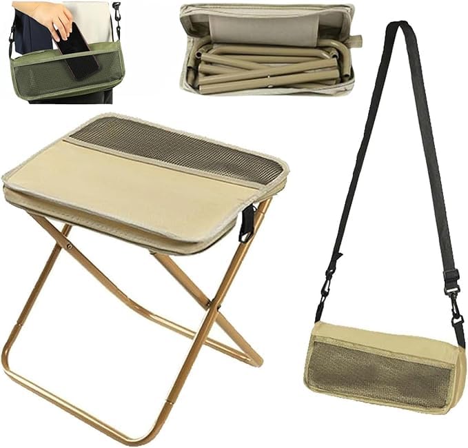Eunmsi Foldable Backpack Stool,Mini Outdoor Camping Stool,Small Foldable Fishing Chair,Lightweight Outdoor Seat with Adjustable Strap,Portable Camping Stools & Collapsible Chair (Beige, S)