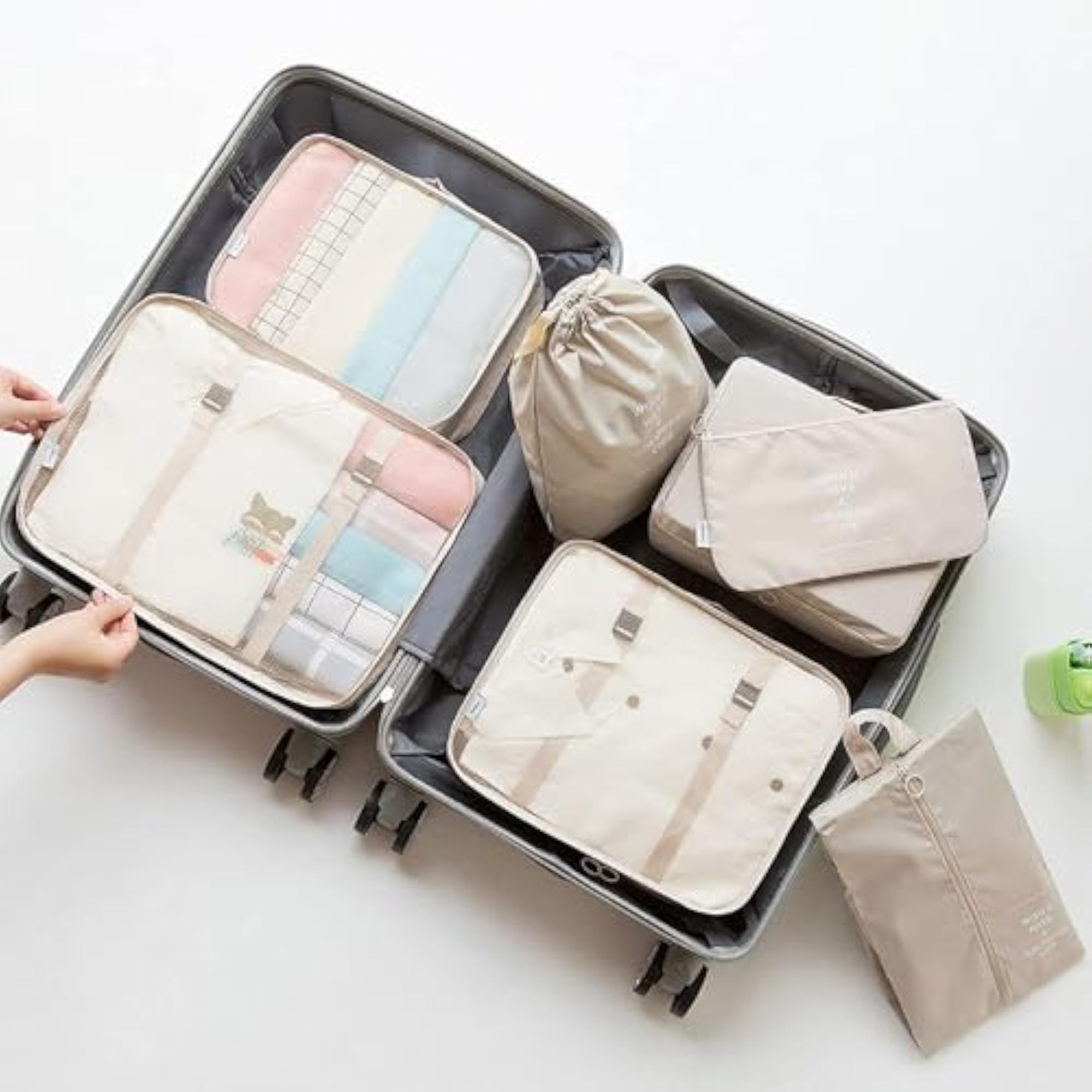 Travel Packing Cubes Set with Mesh Panels, Beige Fabric Organiser Bags