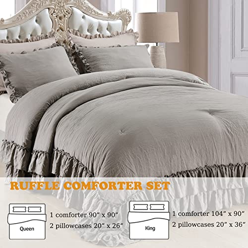 Masaca Grey Shabby Comforter Set Queen,Farmhouse Rustic Microfiber Bedding Ruffled Comforter Set,Vintage Gray Ruffle Comforter For Queen Bed Fluffy Aesthetic Bedding 3 Pieces #TOP1