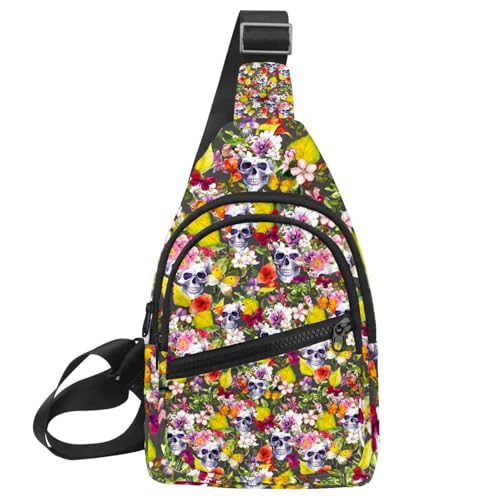 Bolso bandolera cruzado de calavera y flores para mujer con correa ajustable (30x18 cm)