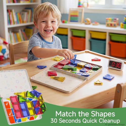Image of Mini Magnetic Tiles for Kids Travel 60 Mins Quiet Play 30s Cleanup | 40 PCS Cartoon Tin Box Magnet Building Blocks to Stop Crying - Birthday Gift Boys Girls Age 3-8